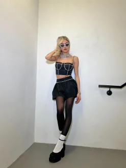 Glamorous Going Out Tops|Go To Partywear|Black Diamante Trim Crop-Top -