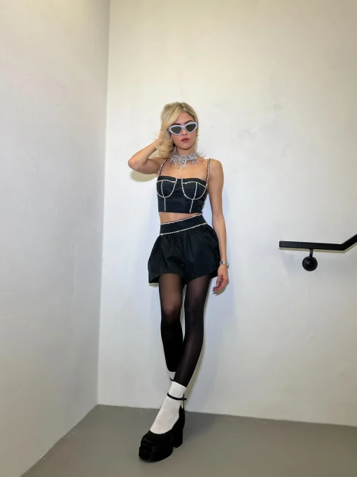 Glamorous Going Out Tops|Go To Partywear|Black Diamante Trim Crop-Top -