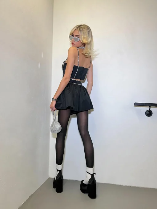 Glamorous Going Out Tops|Go To Partywear|Black Diamante Trim Crop-Top -