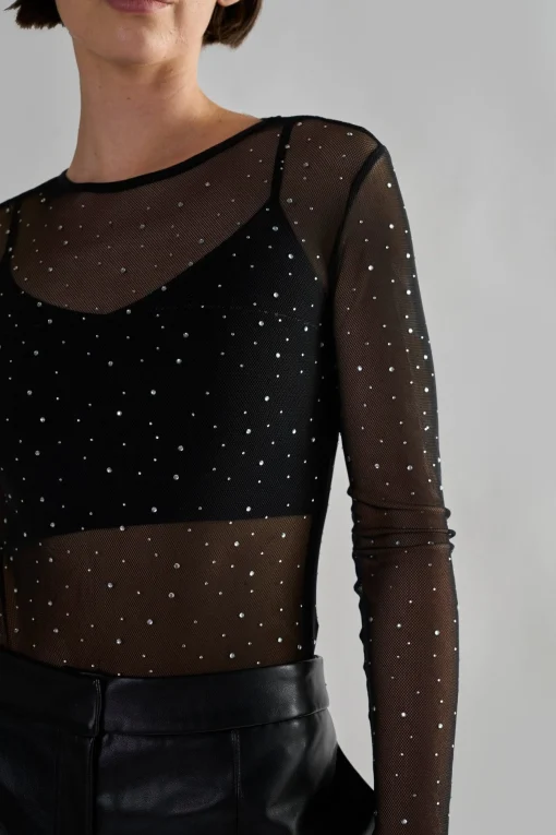 Glamorous Crops, Corsets & Bodysuits|Black Diamante-Mesh Bodysuit -