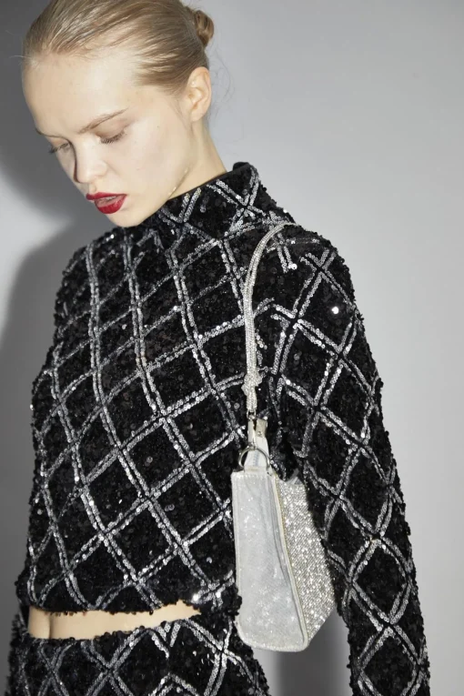 Glamorous Going Out Tops|Co-ords|Black Diamond-Sequin High Neck Top -