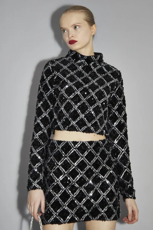 Glamorous Going Out Tops|Co-ords|Black Diamond-Sequin High Neck Top -