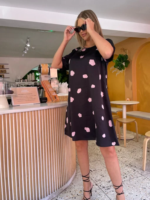 Glamorous Satin Dresses|Day Dresses|Black Floral Satin T-Shirt Mini-Dress -