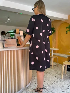 Glamorous Satin Dresses|Day Dresses|Black Floral Satin T-Shirt Mini-Dress -