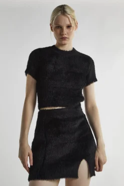 Glamorous Knitted Skirts|Mini Skirts|Black Fluffy-Knit Mini-Skirt -