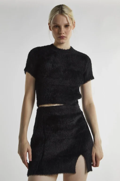 Glamorous Knitted Skirts|Mini Skirts|Black Fluffy-Knit Mini-Skirt -