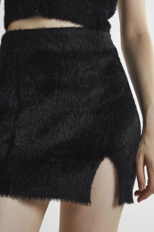 Glamorous Knitted Skirts|Mini Skirts|Black Fluffy-Knit Mini-Skirt -