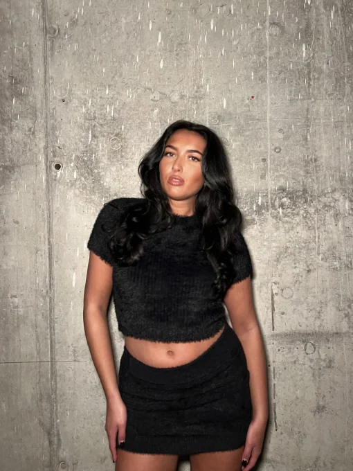 Glamorous Knitted Skirts|Mini Skirts|Black Fluffy-Knit Mini-Skirt -