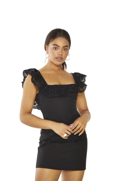 Glamorous Day Dresses|Mini Dresses|Black Frill Neck Mini-Dress -