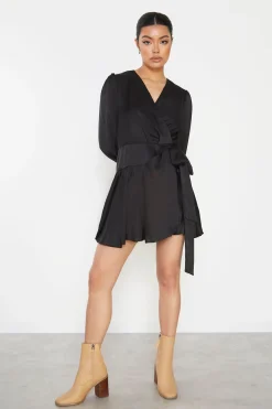 Glamorous Mini Dresses|Mini Dresses|Black Front Wrap V-Neck Mini-Dress -