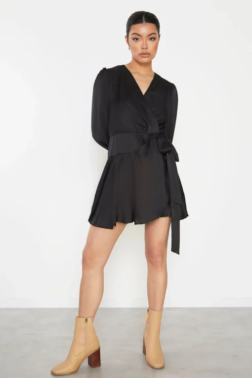 Glamorous Mini Dresses|Mini Dresses|Black Front Wrap V-Neck Mini-Dress -