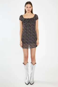 Glamorous Day Dresses|Mini Dresses|Black Fruit-Print Mesh Milkmaid Mini-Dress -