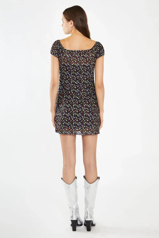 Glamorous Day Dresses|Mini Dresses|Black Fruit-Print Mesh Milkmaid Mini-Dress -