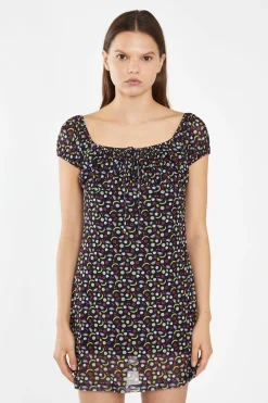 Glamorous Day Dresses|Mini Dresses|Black Fruit-Print Mesh Milkmaid Mini-Dress -