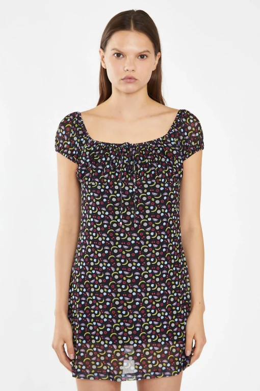Glamorous Day Dresses|Mini Dresses|Black Fruit-Print Mesh Milkmaid Mini-Dress -