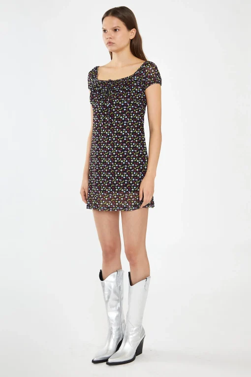 Glamorous Day Dresses|Mini Dresses|Black Fruit-Print Mesh Milkmaid Mini-Dress -
