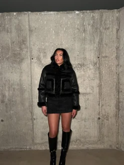 Glamorous Jackets|Black Fur-Trim Cropped-Jacket -