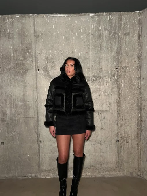 Glamorous Jackets|Black Fur-Trim Cropped-Jacket -