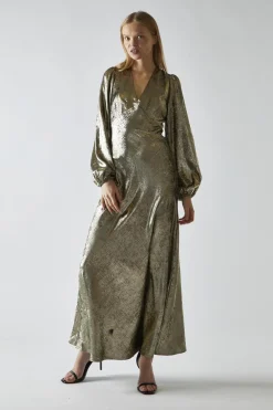 Glamorous Day Dresses|Party Dresses|Black Gold Metallic V-Neck Maxi-Dress -