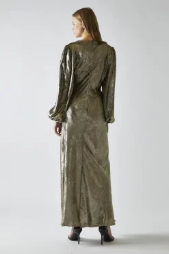 Glamorous Day Dresses|Party Dresses|Black Gold Metallic V-Neck Maxi-Dress -