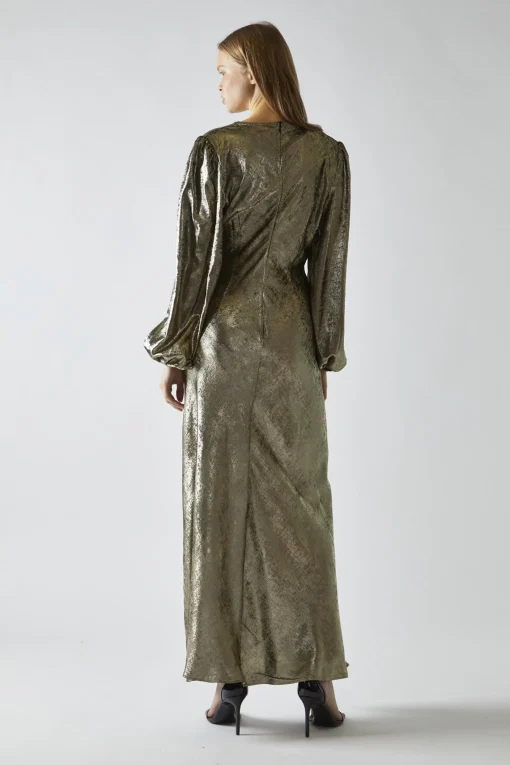 Glamorous Day Dresses|Party Dresses|Black Gold Metallic V-Neck Maxi-Dress -