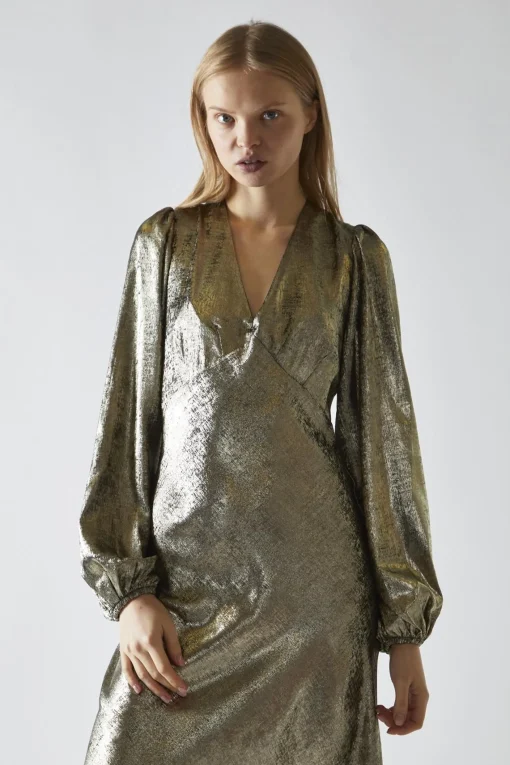 Glamorous Day Dresses|Party Dresses|Black Gold Metallic V-Neck Maxi-Dress -