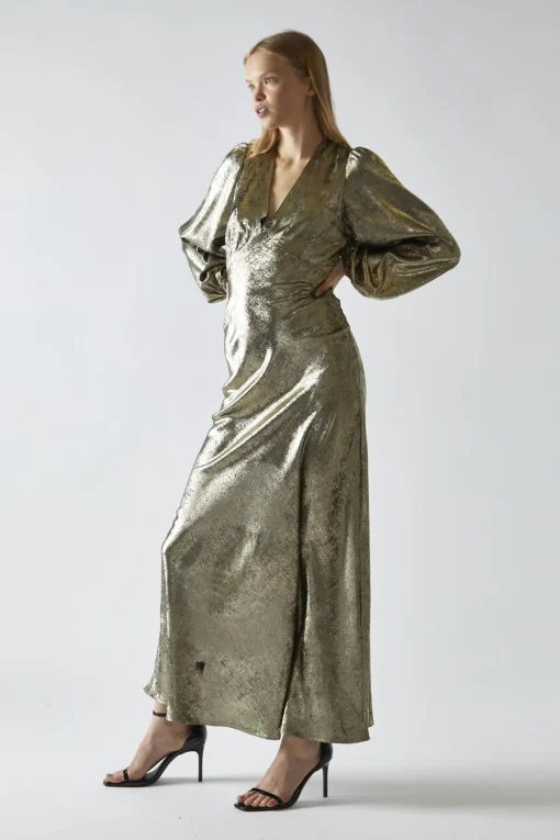 Glamorous Day Dresses|Party Dresses|Black Gold Metallic V-Neck Maxi-Dress -