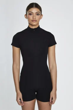Glamorous Jet Setter|Black Half-Zip Short-Unitard -