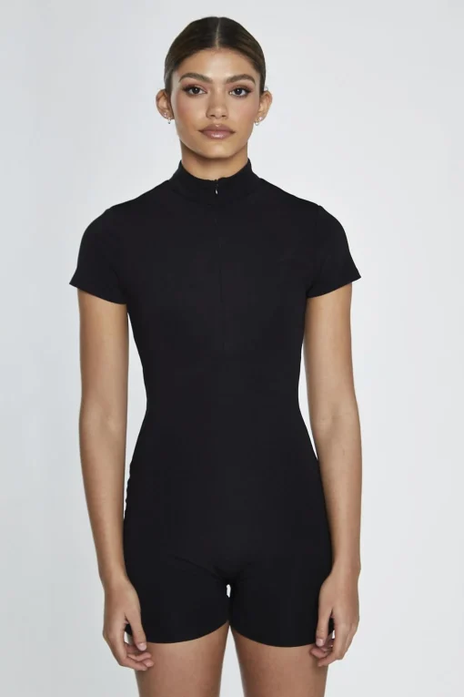 Glamorous Jet Setter|Black Half-Zip Short-Unitard -