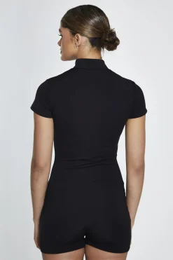 Glamorous Jet Setter|Black Half-Zip Short-Unitard -