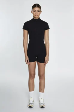 Glamorous Jet Setter|Black Half-Zip Short-Unitard -