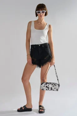 Glamorous Denim Shorts|Black High-Waisted Distressed Denim-Shorts -
