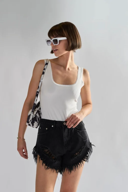 Glamorous Denim Shorts|Black High-Waisted Distressed Denim-Shorts -