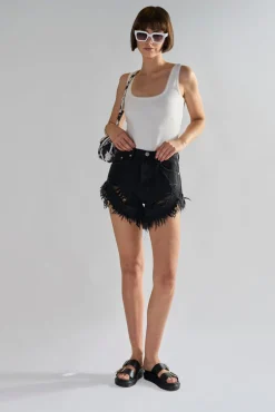 Glamorous Denim Shorts|Black High-Waisted Distressed Denim-Shorts -