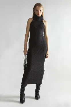 Glamorous Day Dresses|Knitted Dresses|Black Knitted Roll-Neck Maxi-Dress -