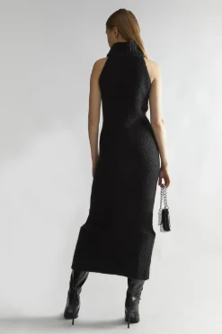 Glamorous Day Dresses|Knitted Dresses|Black Knitted Roll-Neck Maxi-Dress -