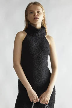 Glamorous Day Dresses|Knitted Dresses|Black Knitted Roll-Neck Maxi-Dress -