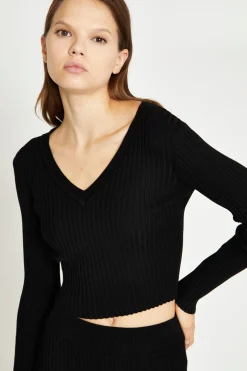 Glamorous Jet Setter|Crops, Corsets & Bodysuits|Black Knitted V-Neck Crop-Top -