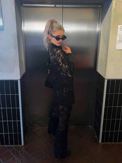 Glamorous Go To Partywear|Flares|Black Lace High-Waisted Flared Trousers -