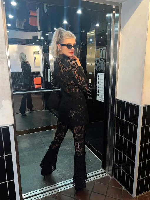 Glamorous Go To Partywear|Flares|Black Lace High-Waisted Flared Trousers -