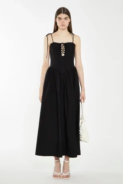Glamorous Best Dressed Guest|Chic Escapes|Black Lace-Up Bodice Maxi Dress -
