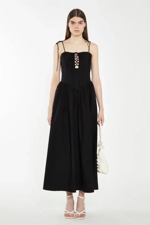 Glamorous Best Dressed Guest|Chic Escapes|Black Lace-Up Bodice Maxi Dress -
