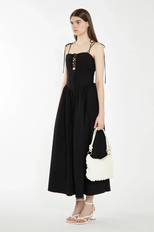Glamorous Best Dressed Guest|Chic Escapes|Black Lace-Up Bodice Maxi Dress -