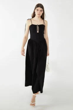 Glamorous Best Dressed Guest|Chic Escapes|Black Lace-Up Bodice Maxi Dress -
