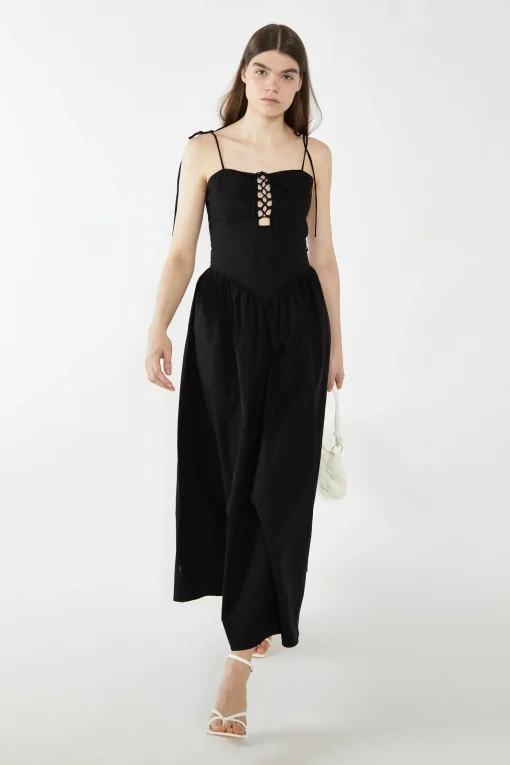 Glamorous Best Dressed Guest|Chic Escapes|Black Lace-Up Bodice Maxi Dress -
