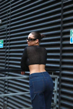 Glamorous Going Out Tops|Crops, Corsets & Bodysuits|Black Lace-Up Mixed-Knit Crop-Top -