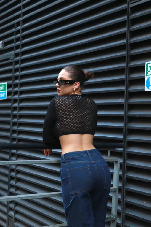 Glamorous Going Out Tops|Crops, Corsets & Bodysuits|Black Lace-Up Mixed-Knit Crop-Top -