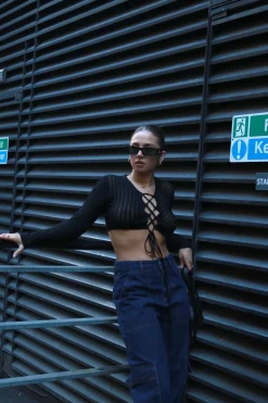Glamorous Going Out Tops|Crops, Corsets & Bodysuits|Black Lace-Up Mixed-Knit Crop-Top -