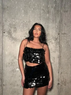 Glamorous Mini Skirts|Black Large-Sequin Low-Waisted Mini-Skirt -