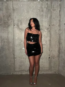 Glamorous Mini Skirts|Black Large-Sequin Low-Waisted Mini-Skirt -